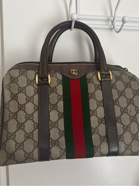 Gucci Handbags - Gucci Brown GG Canvas Duffel with Green and Red Web Stripe